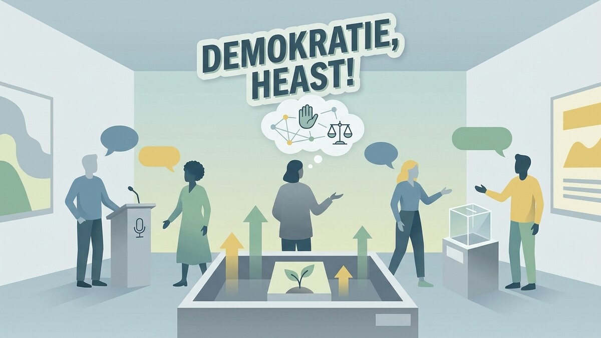 Demokratie, Heast! Menschen diskutieren und wählen in einem Ausstellungsraum.