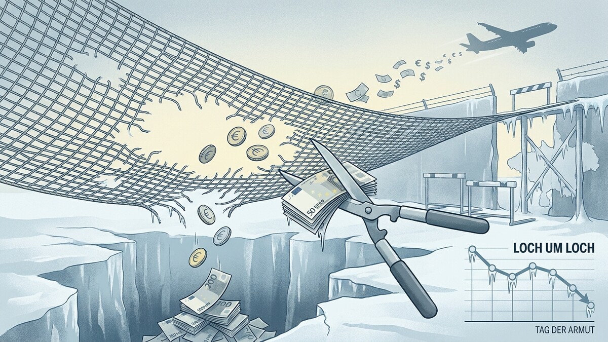 Geld fällt durch ein zerrissenes Netz in eine eisige Schlucht, eine Schere zerschneidet Geldscheine.