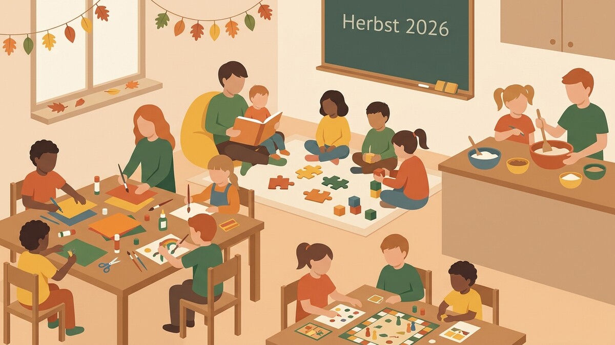 Herbstliche Bastelaktivitäten und Spiele mit Kindern in einem gemütlichen Raum