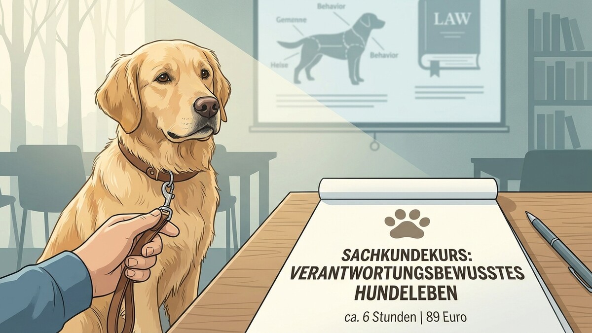 Hund im Sachkundekurs für verantwortungsbewusstes Hundeleben mit Tafel und Buch.