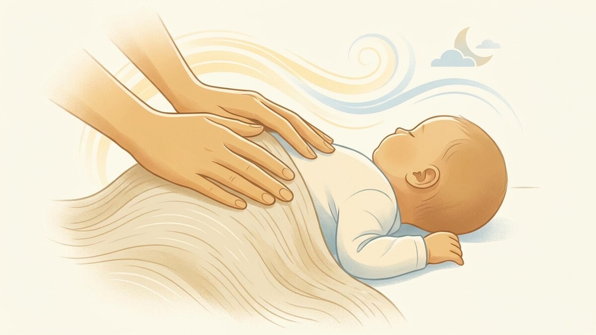 Baby wird von Händen zugedeckt, sanfte Wellen und Mond am Himmel