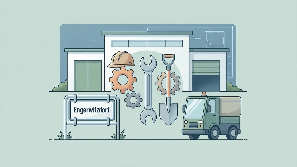 Engerwitzdorf: Bauarbeiter-Symbolik mit Werkzeugen, Bau und LKW vor Firmenschild