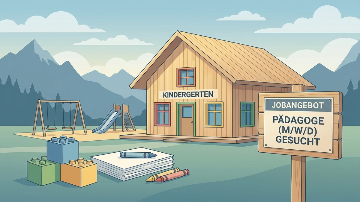 Kindergarten mit Spielplatz und Schild „Jobangebot Pädagoge (m/w/d) gesucht“ vor Bergkulisse.