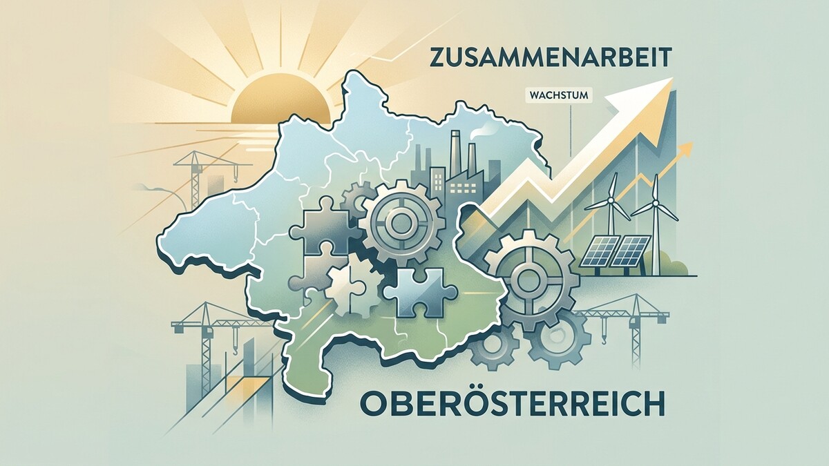 Oberösterreich: Zahnräder, Puzzleteile, Aufwärtstrend, erneuerbare Energien und Industrie.