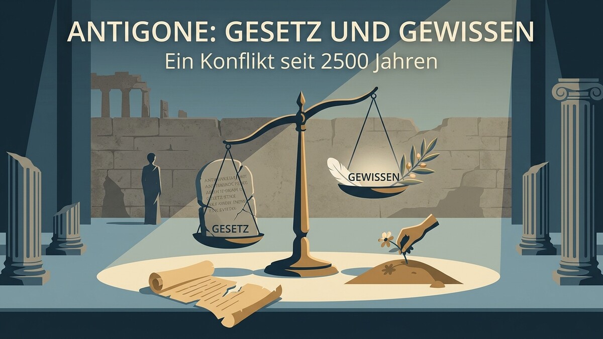 Antigone: Gesetz und Gewissen, Waage mit Gesetz und Feder, antike Ruinen