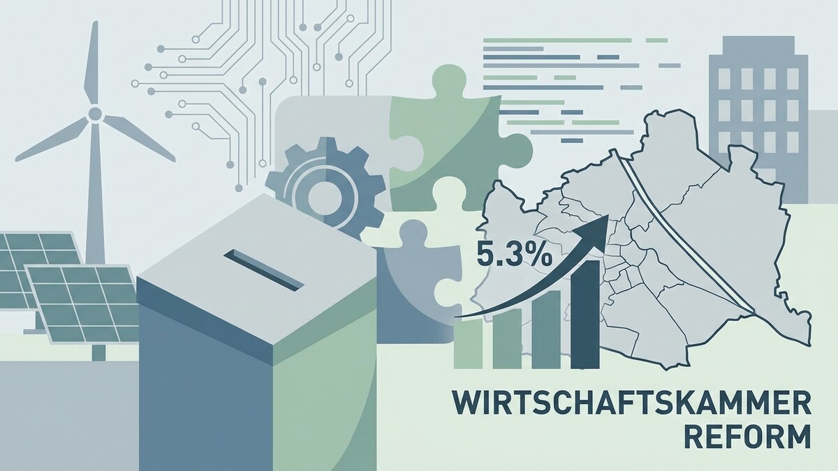 Wirtschaftskammer Reform: Wahlurne, Windrad, Solarzellen, Zahnrad, Puzzleteile, Diagramm, Karte Wien
