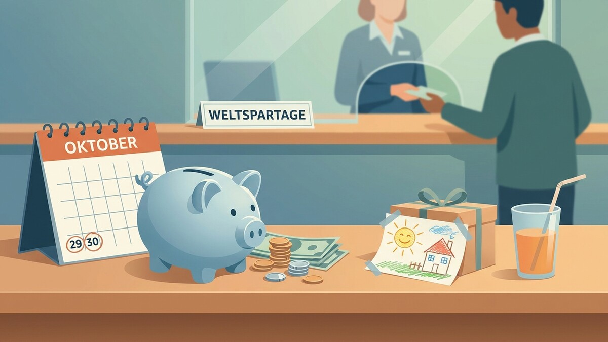 Weltspartag: Kalender mit Oktober, Sparschwein, Geld, Geschenk und Kinderzeichnung