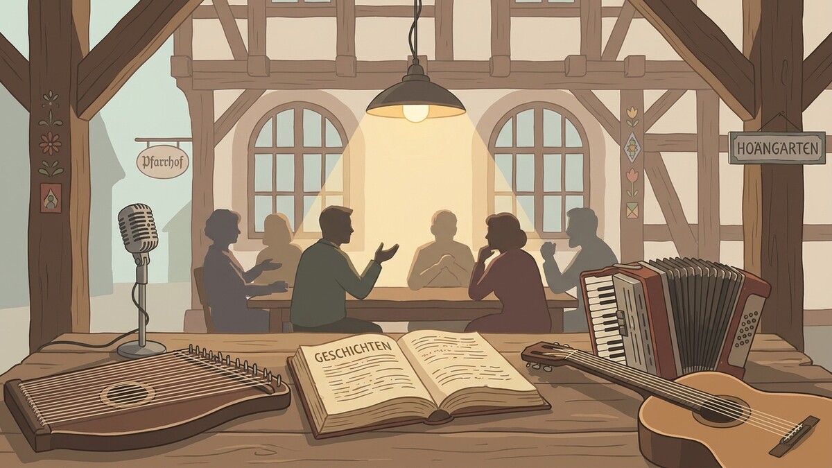 Geschichtenerzähler und Musiker im Hoangarten bei einem Treffen im Pfarrhof