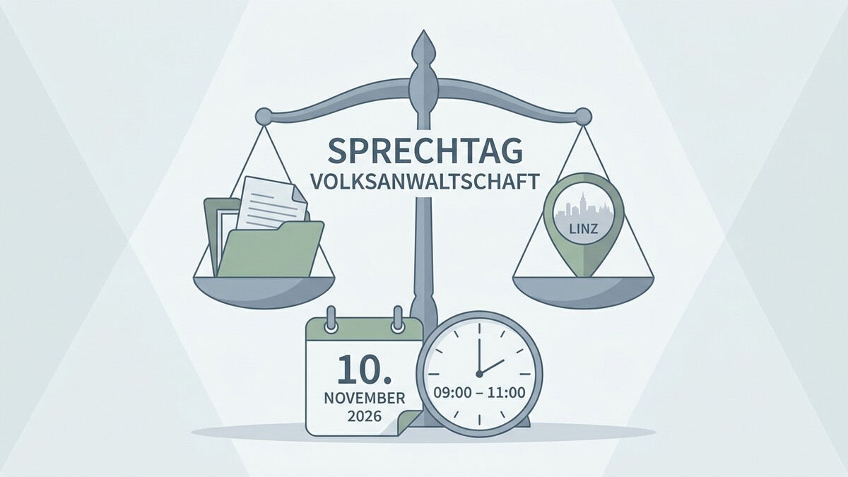 Sprechtag Volksanwaltschaft Linz am 10. November 2026 mit Waage, Kalender und Uhr