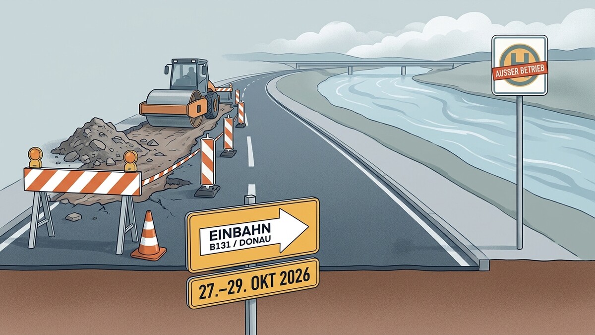 Straßenarbeiten B131 Donau mit Walze, Einbahnregelung und außer Betrieb gesetzter Bushaltestelle