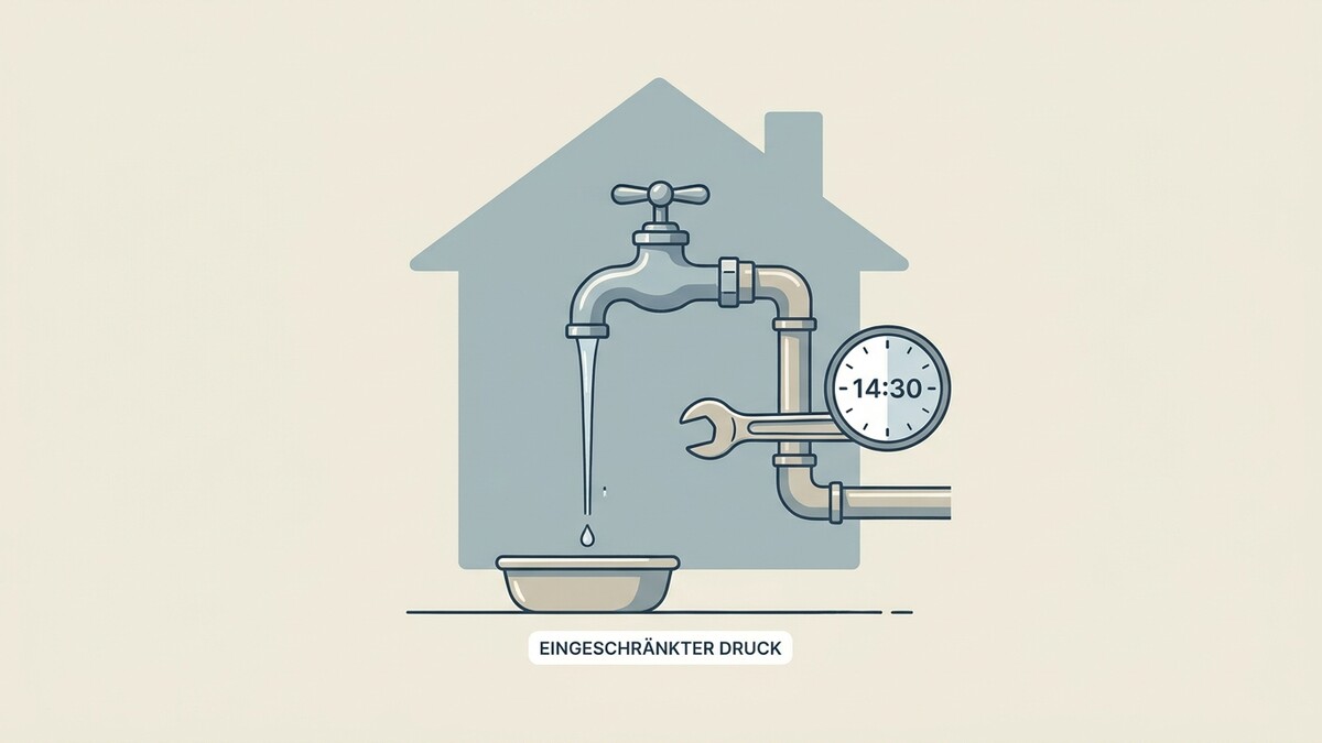 Wasserhahn mit tropfendem Wasser und Uhr vor Haus-Silhouette, Werkzeug