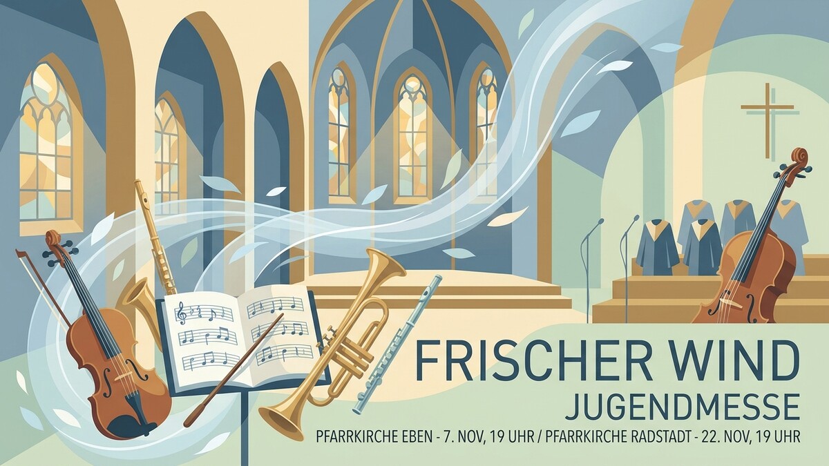 Jugendmesse mit Musikinstrumenten und Chor vor Kirchenarchitektur in Österreich