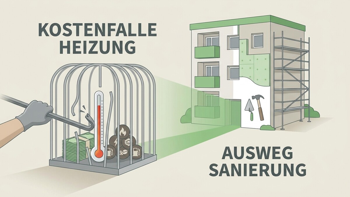 Kostenfalle Heizung: Ausweg Sanierung, Thermometer in Käfig mit Geld und Energiesymbolen, Gebäude mit Gerüst