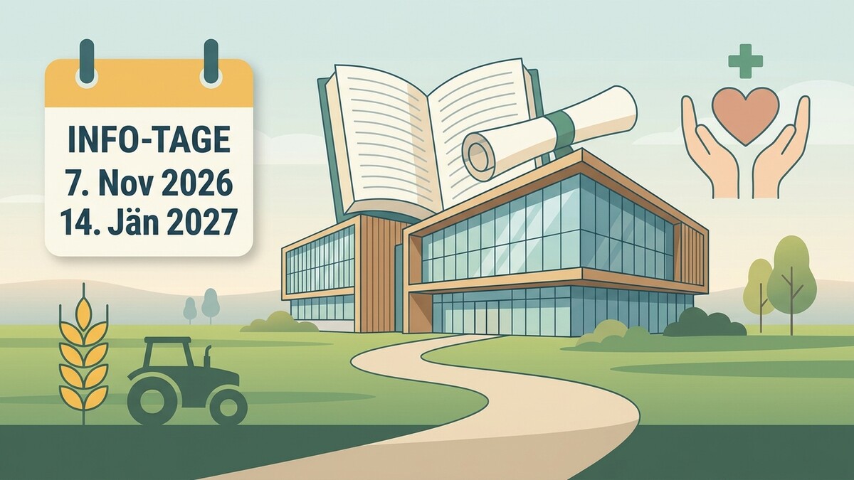 Info-Tage 7. Nov 2026 – 14. Jän 2027, Gebäude mit Buch und Diplom, Traktor und Ähre