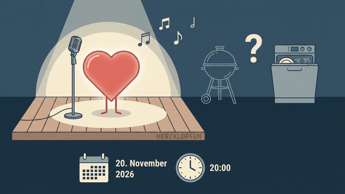 Herz auf Bühne mit Mikrofon, Grill und Geschirrspüler, Kalender und Uhr