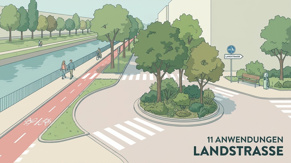 Radweg und Fußweg am Kanal mit Beschilderung „Landstrasse“ und E-Ladestation