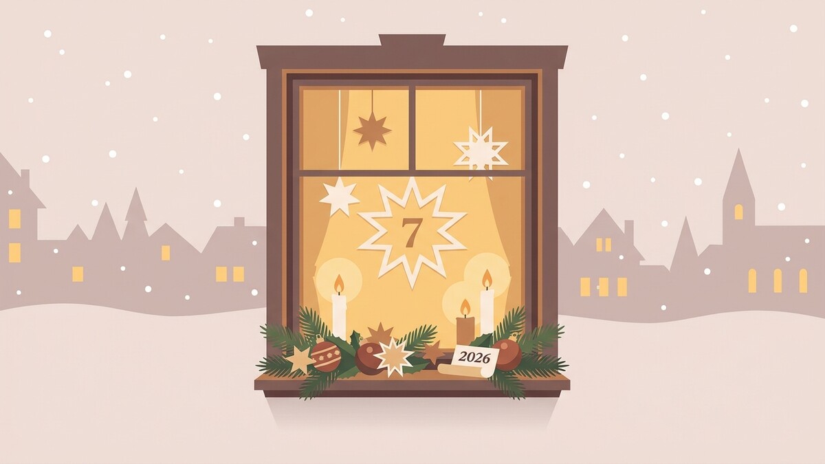 Adventkalender Fenster mit Kerzen, Sternen und der Zahl 7, daneben 2026.