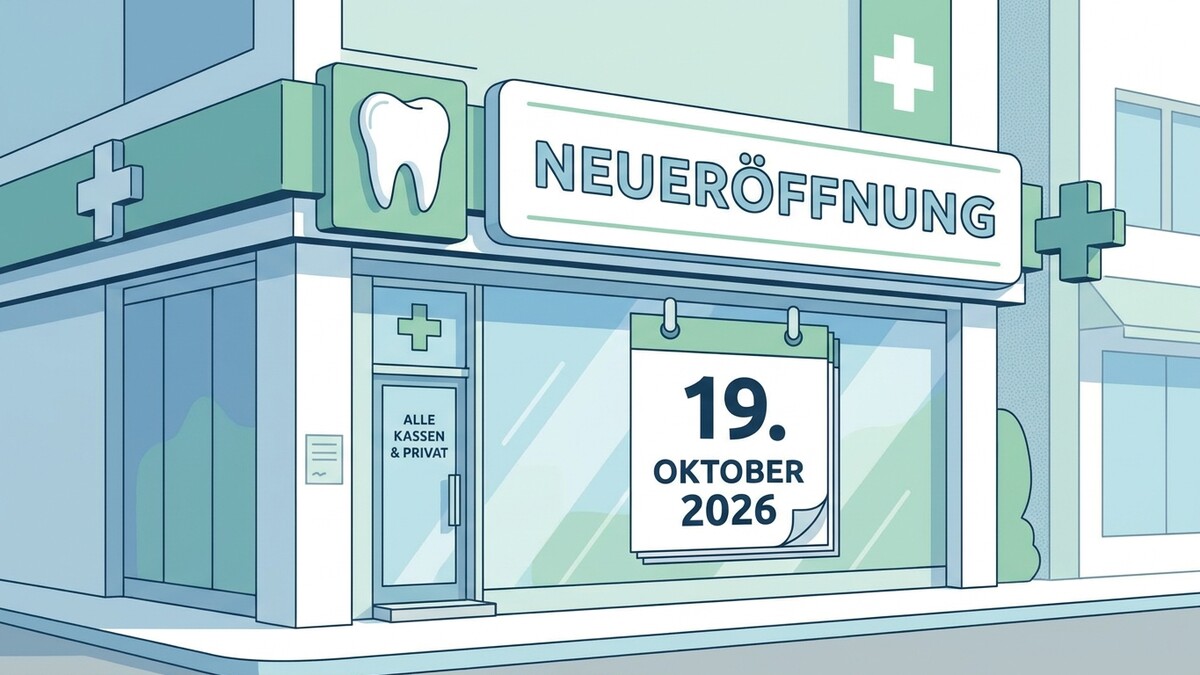 Neueröffnung Zahnarztpraxis am 19. Oktober 2026 mit Zahn-Symbol und Kreuz-Symbolen