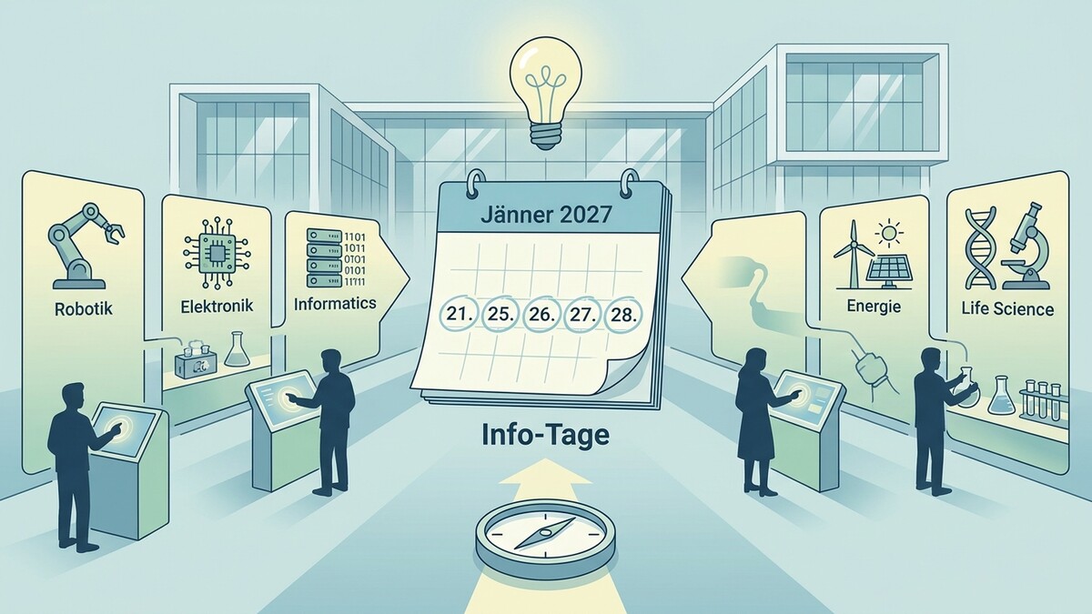 Info-Tage Jänner 2027 mit Kalender und Icons für Robotik, Elektronik, Informatik, Energie und Life Science