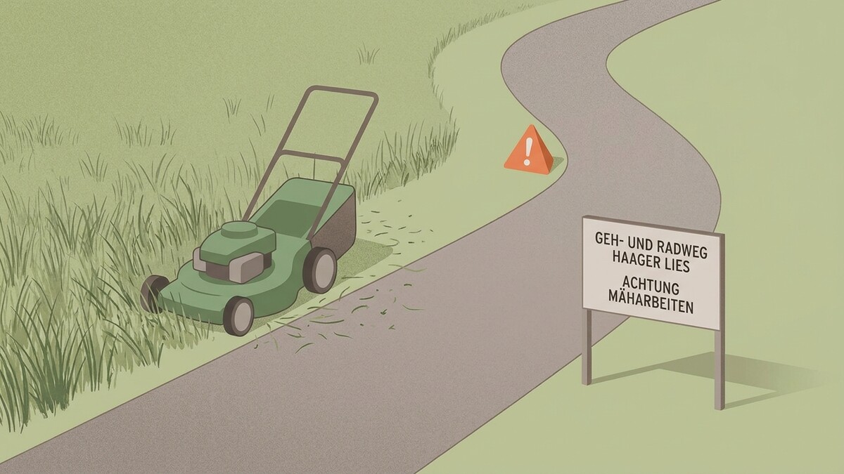 Rasenmäher am Geh- und Radweg Haager Lies warnt vor Mäharbeiten