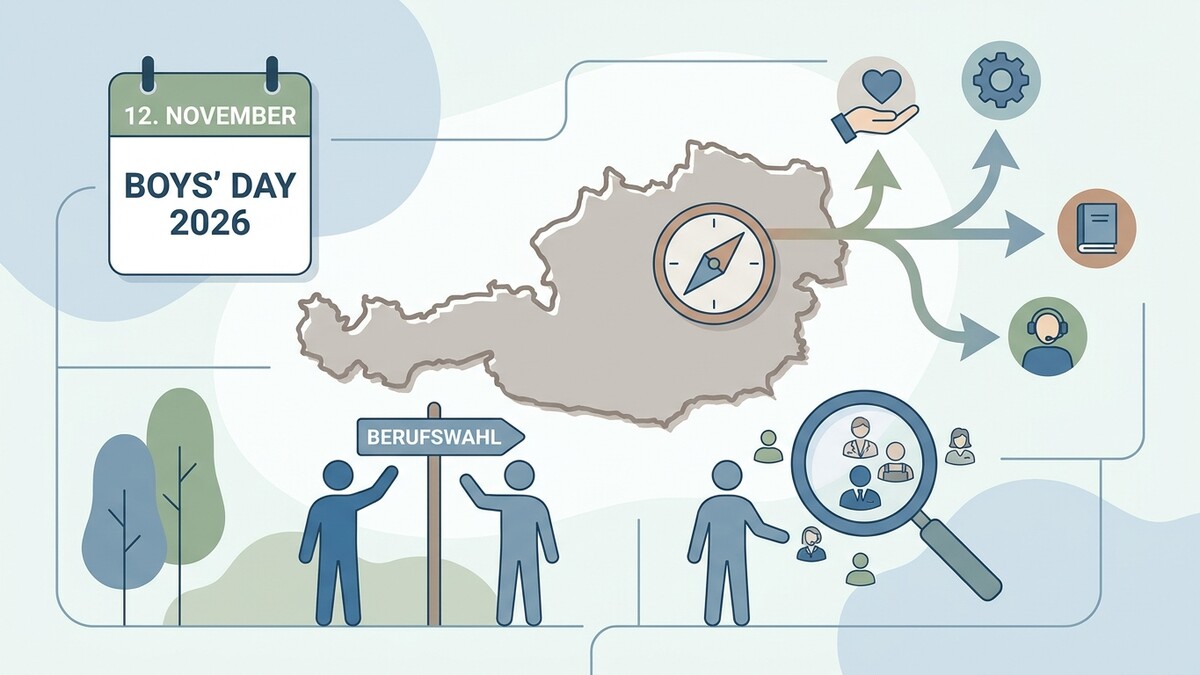 Boys' Day 2026 in Österreich: Berufswahl, Kompass, Lupe und Icons für Bildung und Karriere.