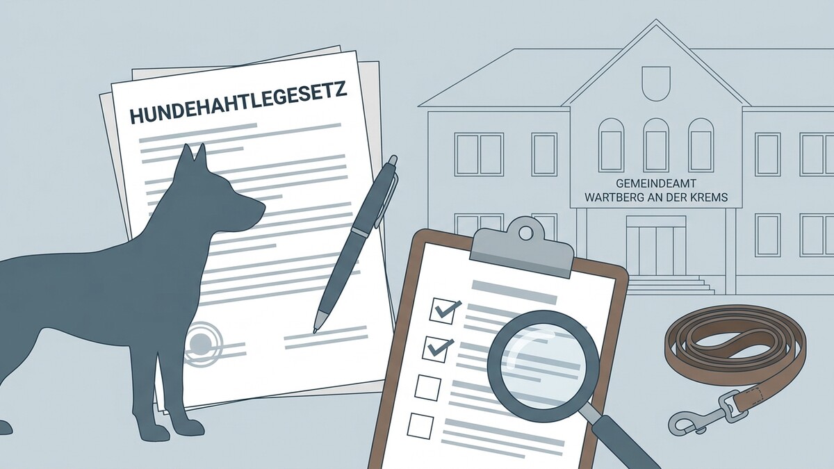 Hundehaltegesetz-Dokument, Lupe, Hundeleine vor Gemeindeamt Wartberg an der Krems