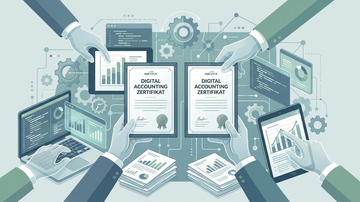 Digital Accounting Zertifikat der HAK Steyr wird von Händen gehalten, daneben Laptops und Tablets mit Diagrammen.