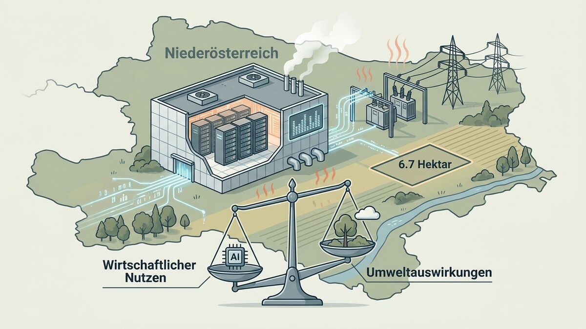 Datenzentrum in Niederösterreich mit Stromleitungen, Waage zwischen wirtschaftlichem Nutzen und Umweltauswirkungen.