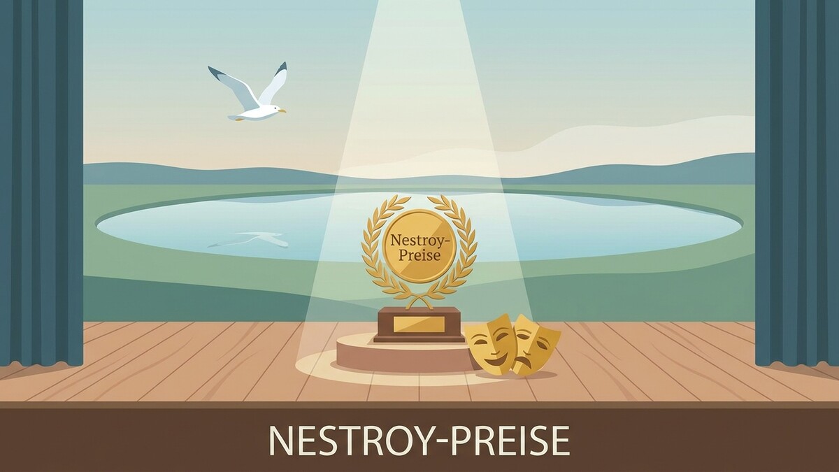 Nestroy-Preise Trophäe mit Lorbeerkranz und Masken auf Bühne vor See und Möwe