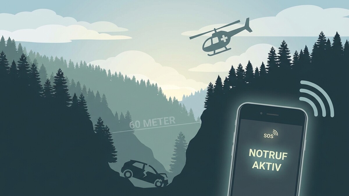 Notruf aktiv am Handy in Berglandschaft mit abgestürztem Auto und Rettungshubschrauber