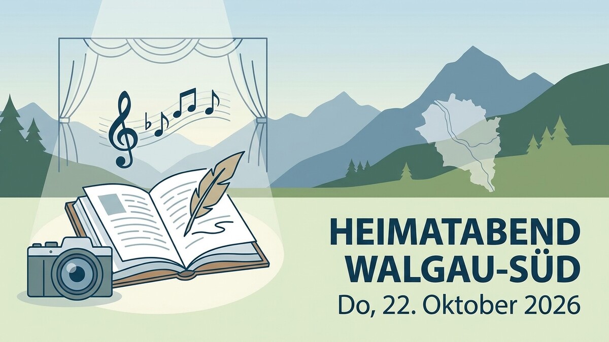 Heimatabend Walgau-Süd mit Musiknoten, Buch, Feder und Kamera vor Bergkulisse