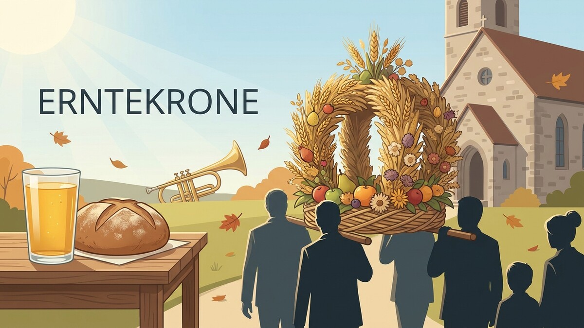 Erntekrone mit Früchten und Getreide wird von Menschen vor Kirche getragen