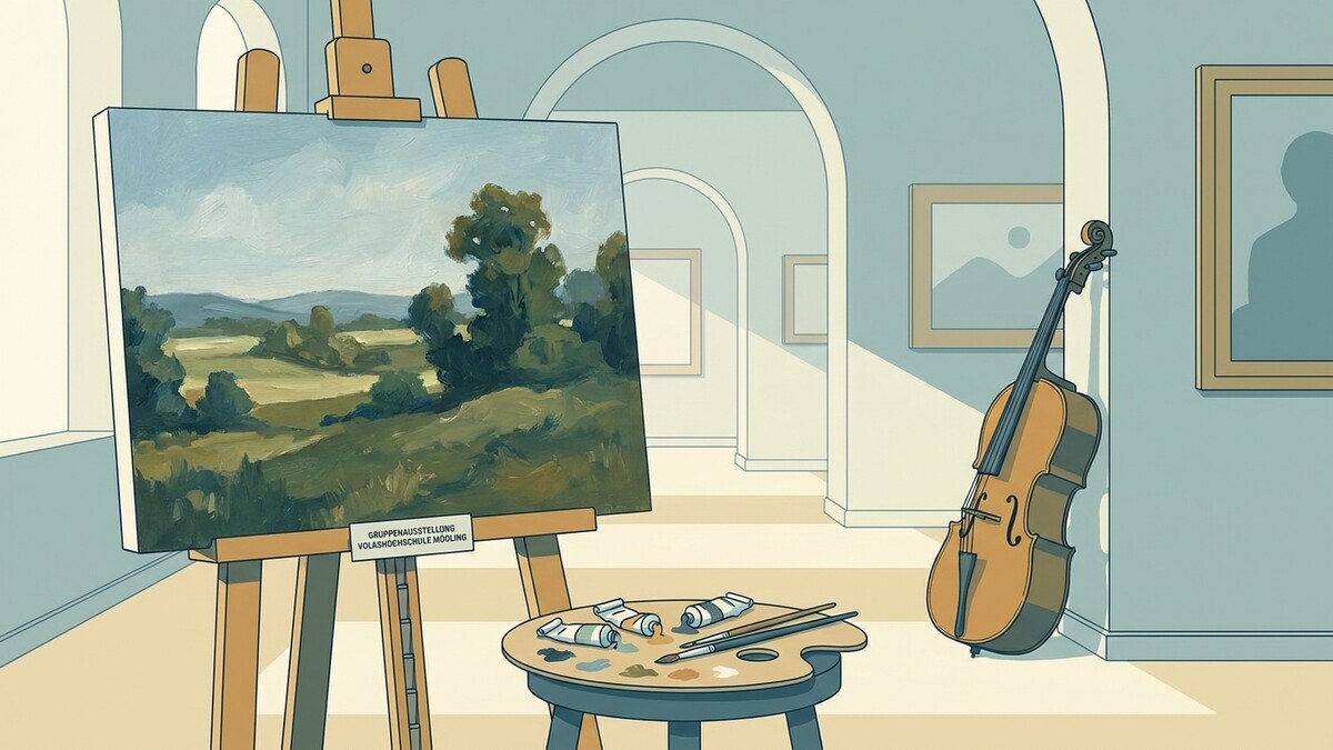 Gemälde einer Landschaft mit Cello und Malutensilien in einem Ausstellungsraum