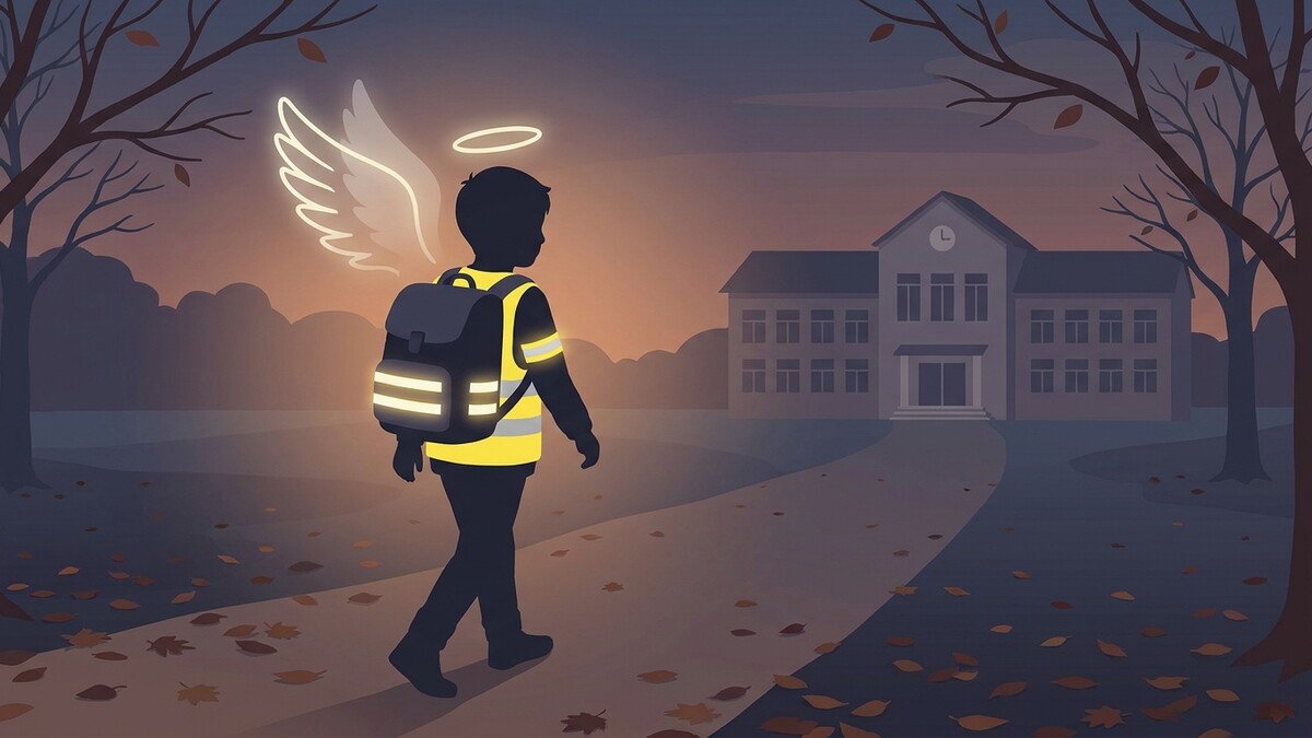 Schüler mit Engel-Aura und Reflektoren geht zur Schule