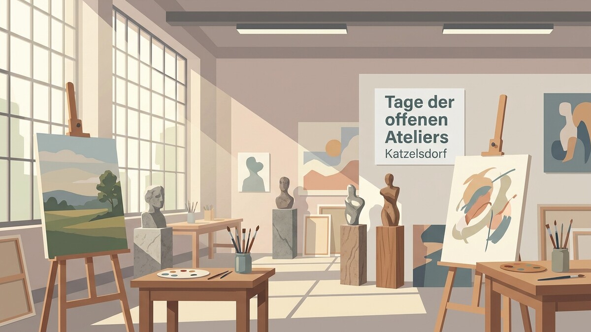 Tage der offenen Ateliers Katzelsdorf: Atelier mit Staffeleien, Skulpturen und Gemälden