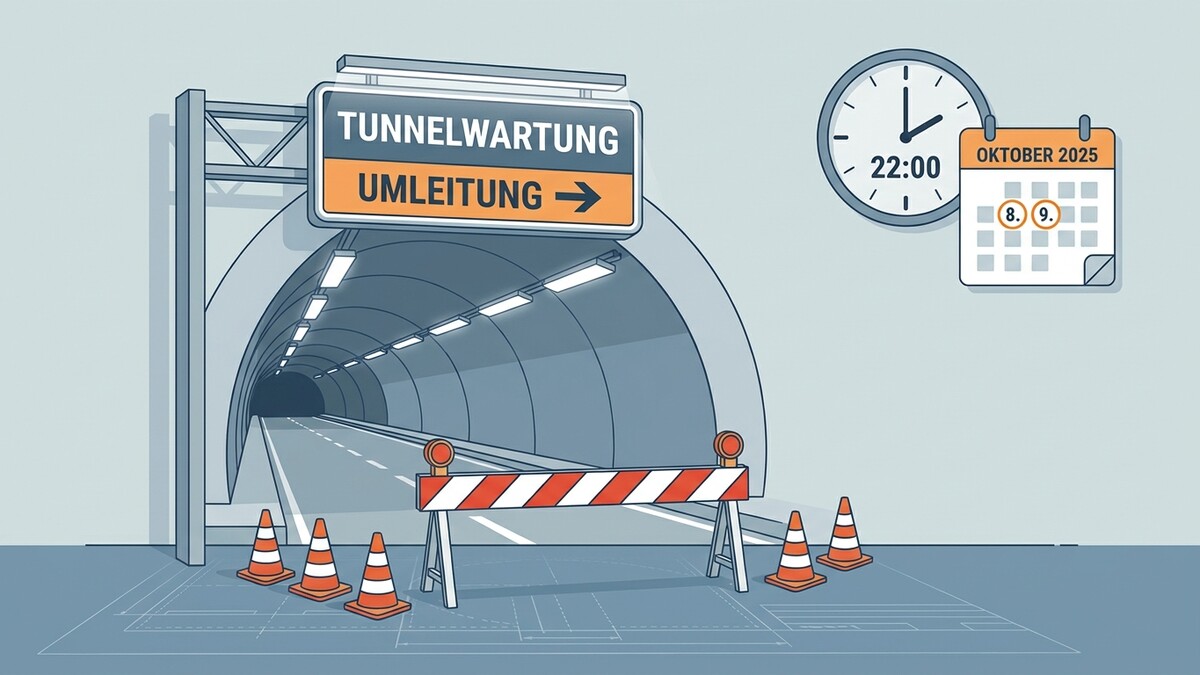 Tunnelwartung Umleitung: Baustelle, Verkehrskegel, Uhr und Kalender mit Oktober 2025