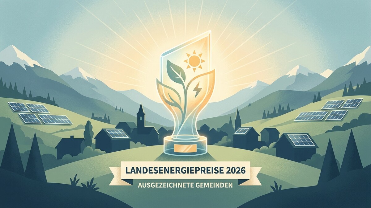 Landesenergiepreise 2026 ausgezeichnete Gemeinden mit Solarpanels und Bergkulisse
