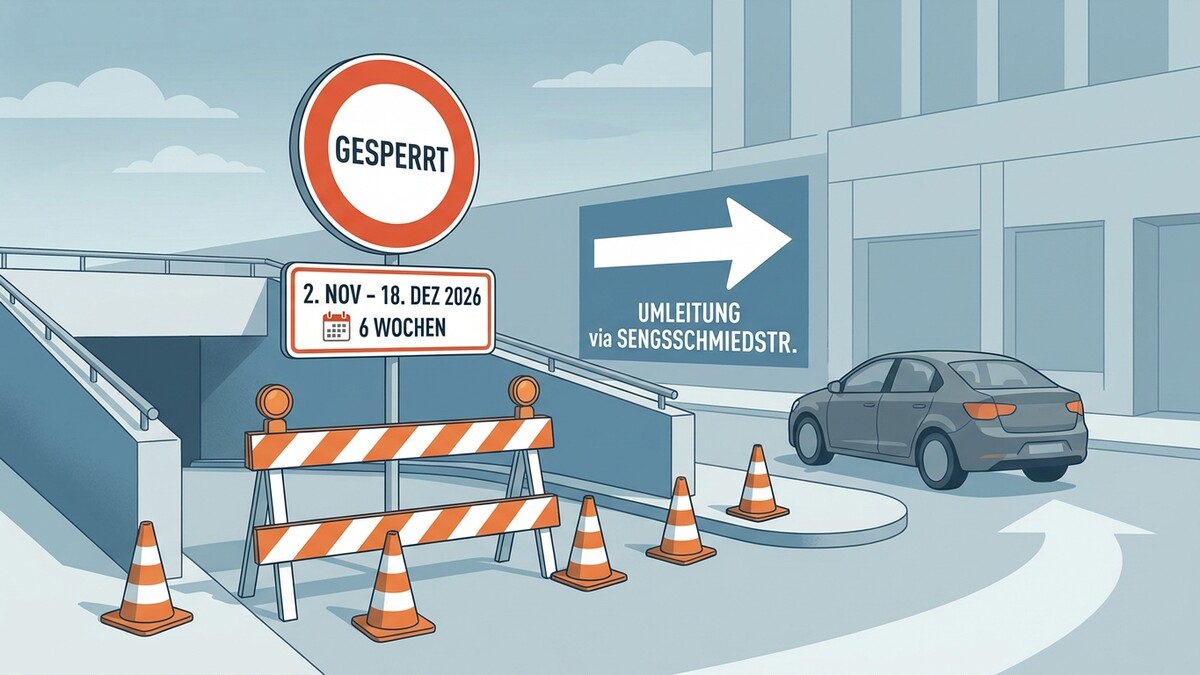 Straßensperre mit Umleitungsschild und Warnbaken, 2. Nov. - 18. Dez. 2026
