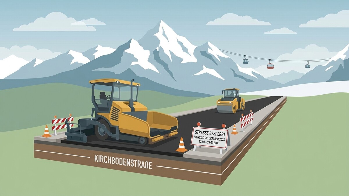 Straßenbau mit Walze und Asphaltfertiger auf der Kirchbodenstraße vor Bergkulisse