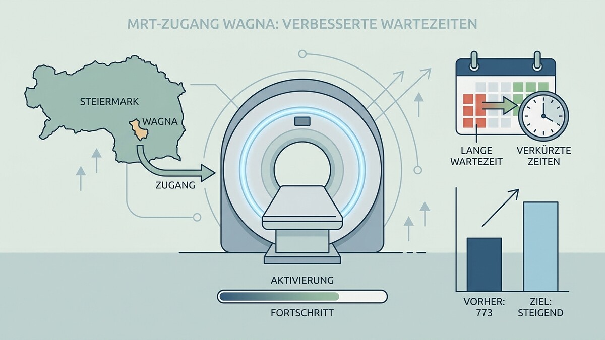 MRT-Zugang Wagna: Steiermark mit Wagna, MRT-Gerät, Kalender für lange Wartezeiten und verkürzte Zeiten, Fortschrittsbalken und Diagramm.