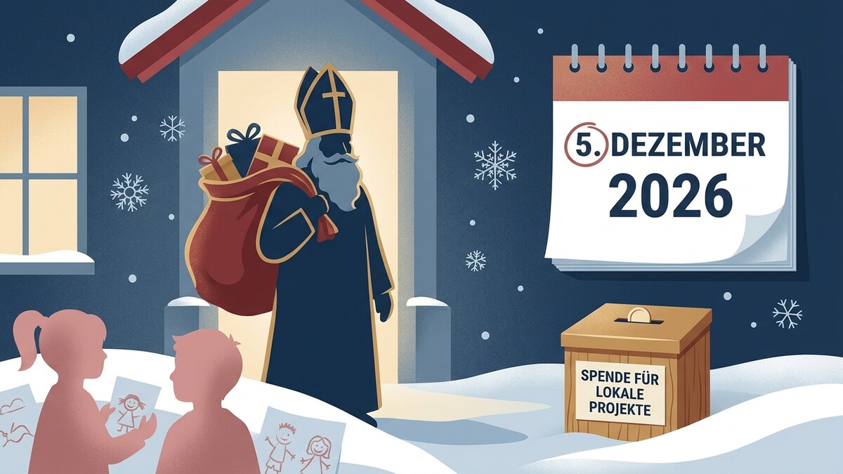 Nikolaus mit Gabensack und Kalender 5. Dezember 2026 vor verschneitem Haus