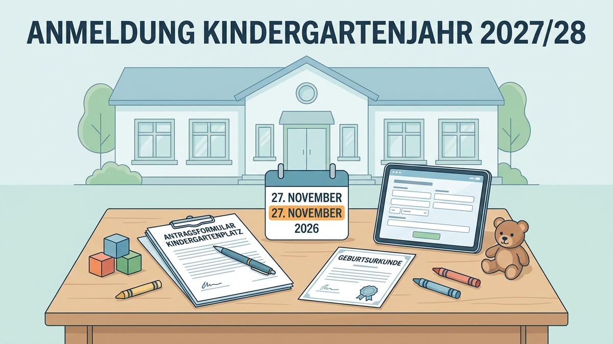 Anmeldung Kindergartenjahr 2027/28 mit Antragsformular, Geburtsurkunde und Teddybär