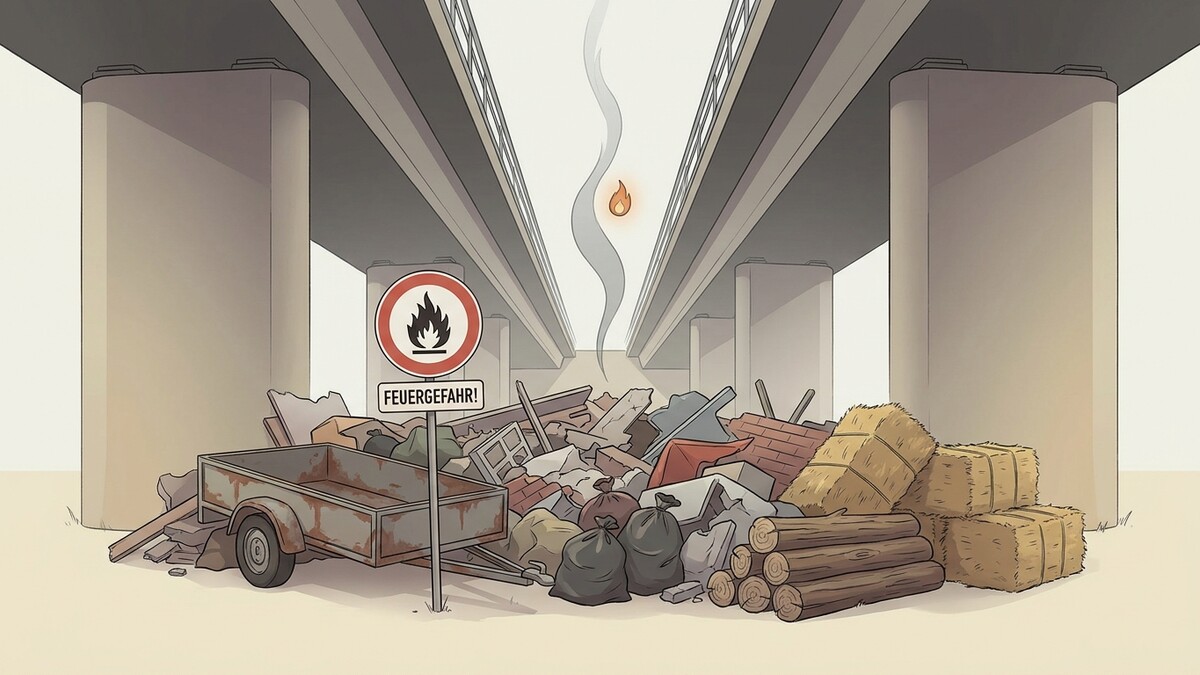 Müll unter einer Autobahnbrücke mit Feuergefahr-Schild und aufsteigendem Rauch
