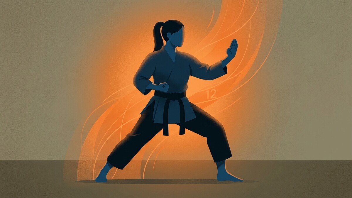 Karateka in blauer Gi-Uniform mit schwarzem Gürtel in Kampfhaltung vor orangefarbenen Lichtbögen