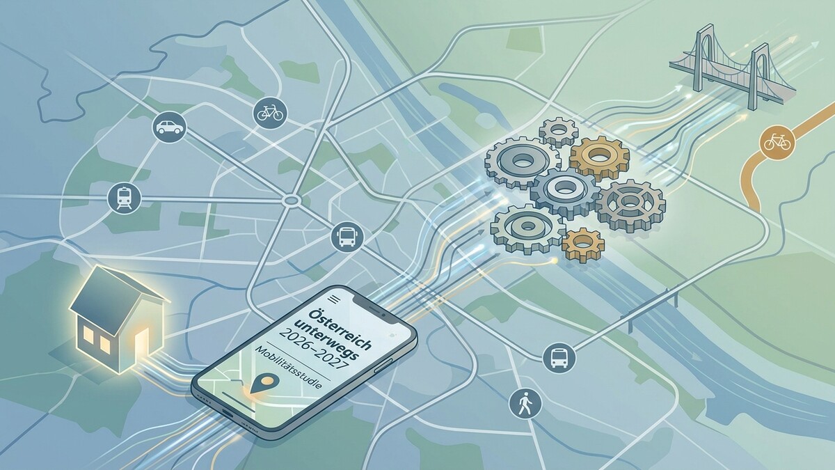Österreich unterwegs 2026-2027: Mobilitätsstudie mit Smartphone, Zahnrädern und Stadtplan