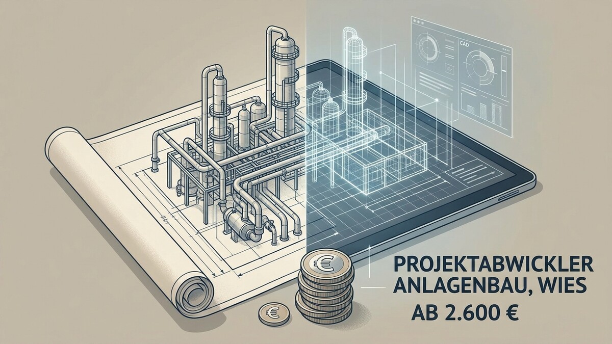 Projektentwickler Anlagenbau, Wies, mit Münzstapel und technischen Zeichnungen auf Tablet