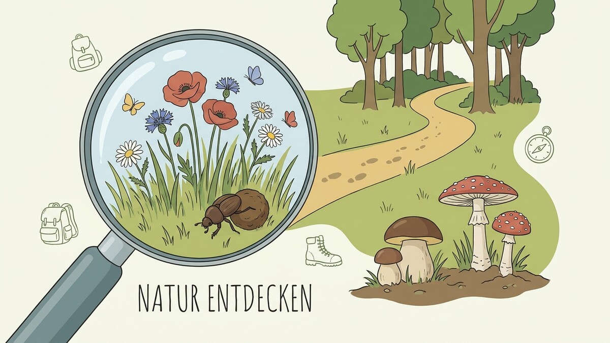 Natur entdecken: Käfer, Blumen und Schmetterlinge unter Lupe, Waldweg, Pilze.