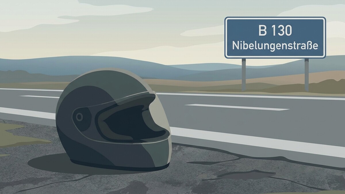 Motorradhelm auf der B 130 Nibungenstraße neben der Fahrbahn mit Schild