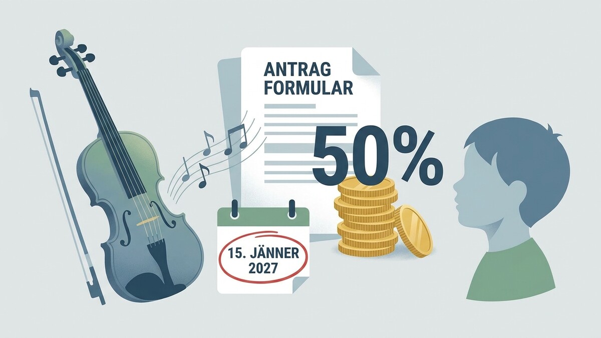 Antragsformular mit 50% und Münzstapel neben Violine und Kalender