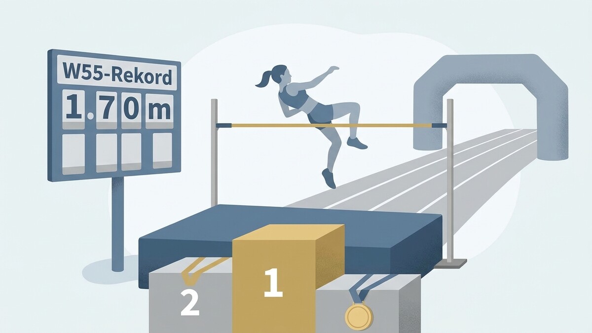 Hochsprung-Rekord W55 1,70m mit Siegerpodest und Zielbogen